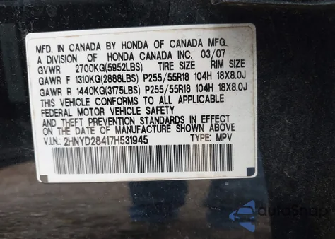2007 Acura Mdx Technology Package from USA, damaged, VIN 2HNYD28417H531945